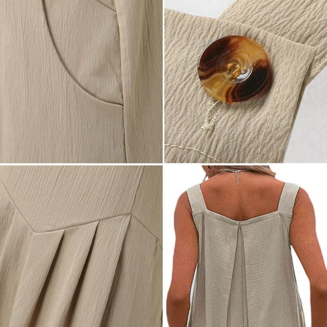 Women's Wide-Leg Jumpsuit - Sleeveless Loose Fit - Square Neck - Lightweight Cotton