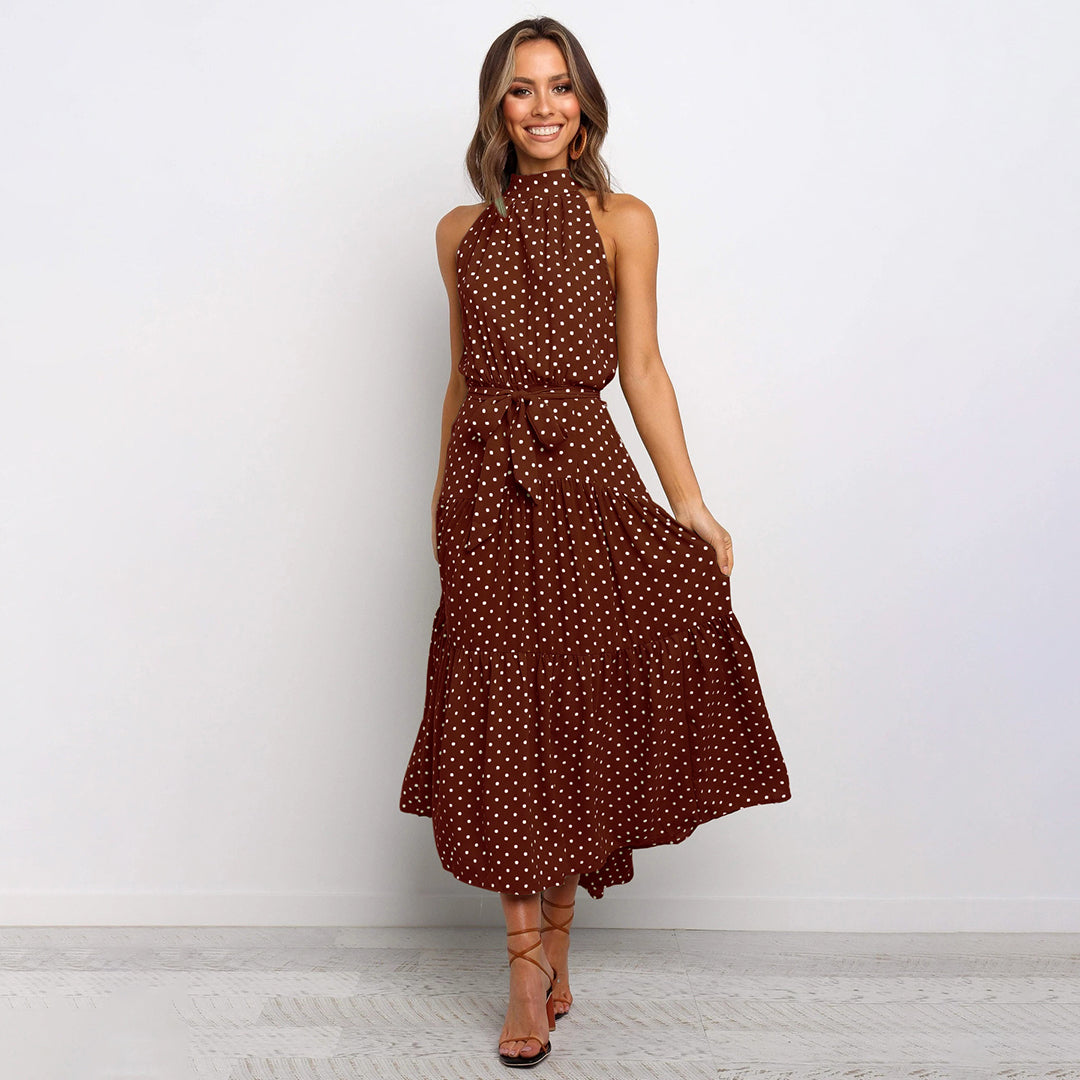 Women's Halter Neck Dress - Polka Dot - Sleeveless Tiered Flowy Skirt - Elegant Fit