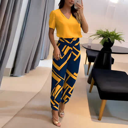 Women's Two-Piece Outfit - V-Neck Short Sleeve Top & Wide-Leg High-Waist Trousers
