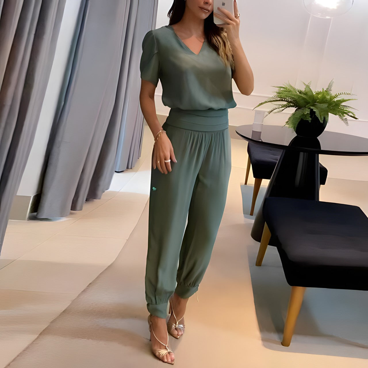 Women's Two-Piece Outfit - V-Neck Short Sleeve Top & Wide-Leg High-Waist Trousers