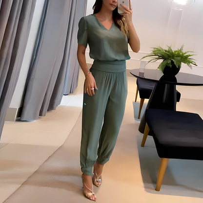 Women's Two-Piece Outfit - V-Neck Short Sleeve Top & Wide-Leg High-Waist Trousers