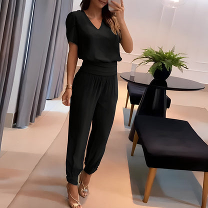 Women's Two-Piece Outfit - V-Neck Short Sleeve Top & Wide-Leg High-Waist Trousers