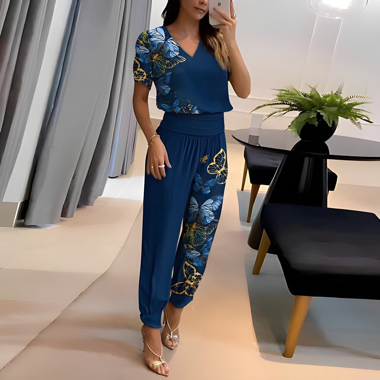 Women's Two-Piece Outfit - V-Neck Short Sleeve Top & Wide-Leg High-Waist Trousers