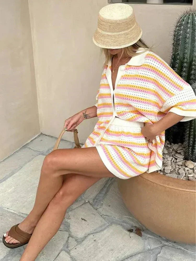 Women's Breathable Summer Knit Set – Striped 2-Piece with Revere Collar & Shorts