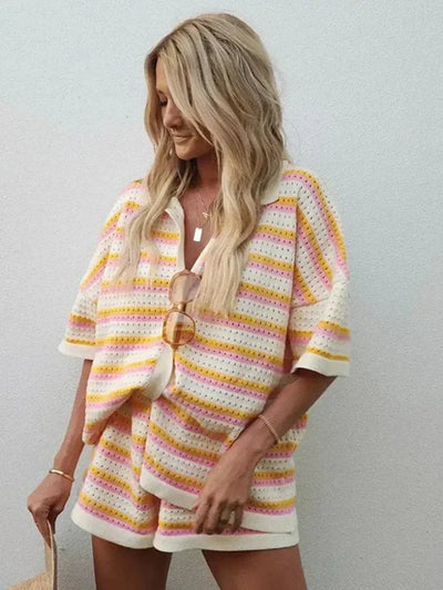 Women's Breathable Summer Knit Set – Striped 2-Piece with Revere Collar & Shorts
