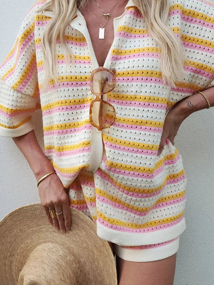 Women's Breathable Summer Knit Set – Striped 2-Piece with Revere Collar & Shorts