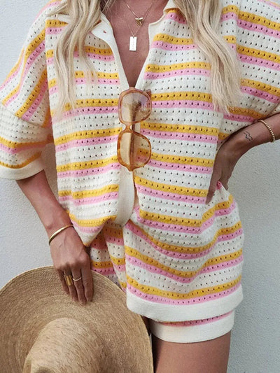 Women's Breathable Summer Knit Set – Striped 2-Piece with Revere Collar & Shorts