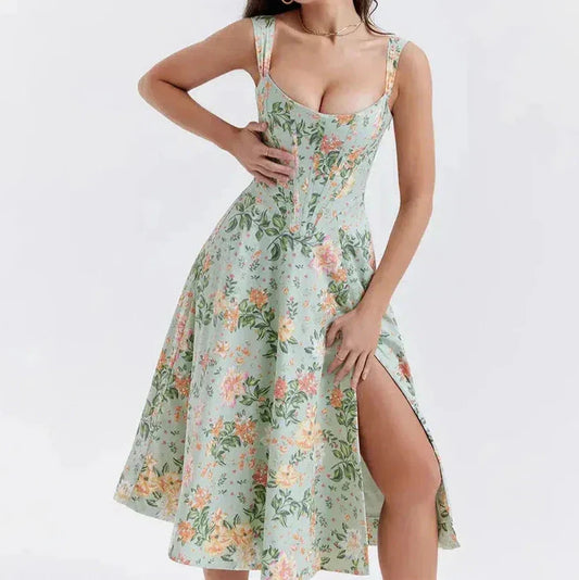Women’s Corset Midi Dress – Fitted Bodice – A-Line – Side Slit – Floral Print