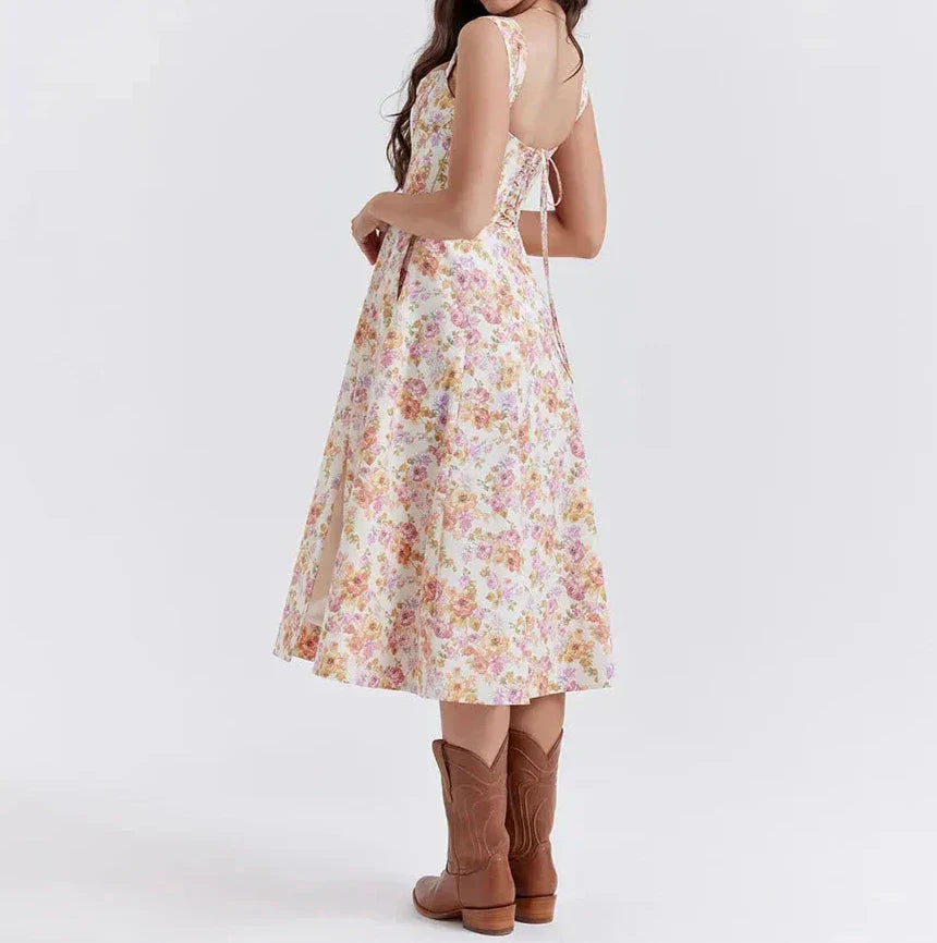 Women’s Corset Midi Dress – Fitted Bodice – A-Line – Side Slit – Floral Print