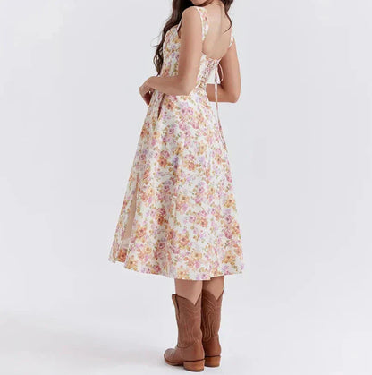 Women’s Corset Midi Dress – Fitted Bodice – A-Line – Side Slit – Floral Print
