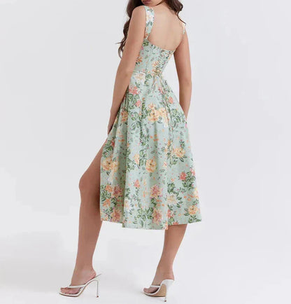 Women’s Corset Midi Dress – Fitted Bodice – A-Line – Side Slit – Floral Print