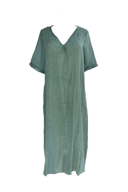 Linen Solid V-Neck Midi Dress with Short Sleeves - Breathable and Lightweight