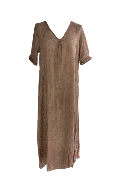 Linen Solid V-Neck Midi Dress with Short Sleeves - Breathable and Lightweight