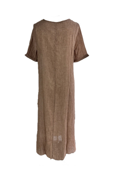 Linen Solid V-Neck Midi Dress with Short Sleeves - Breathable and Lightweight