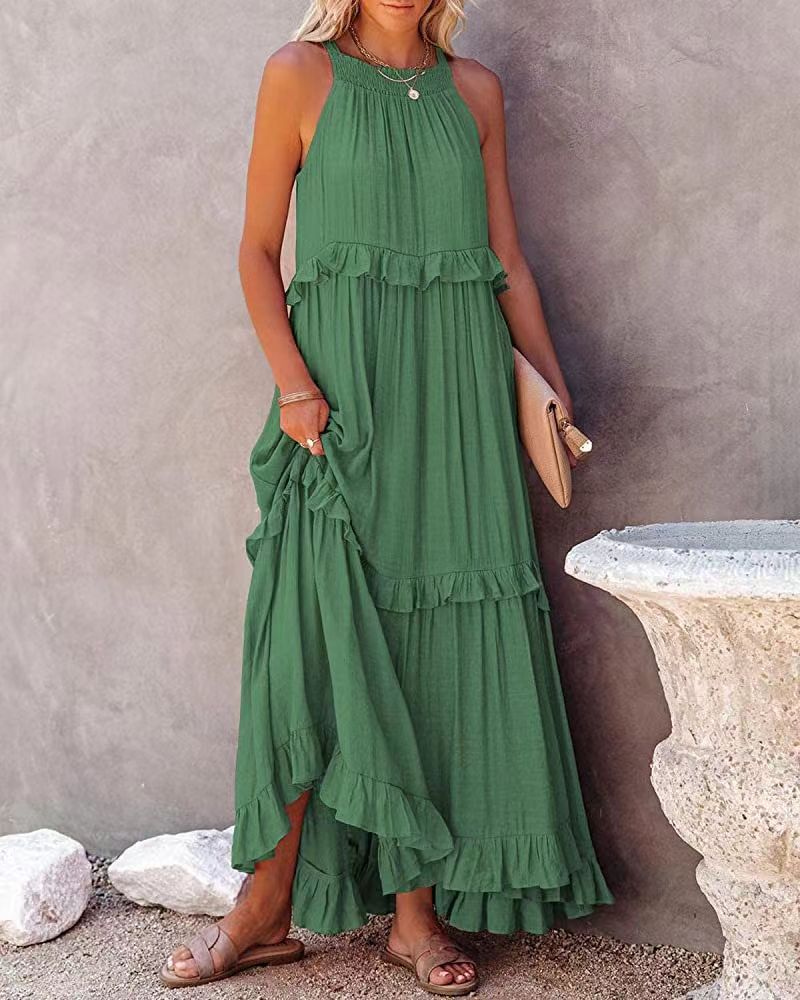 Women's Maxi Dress - Sleeveless High-Low Hem - Ruffled Layers - Flowy & Breathable