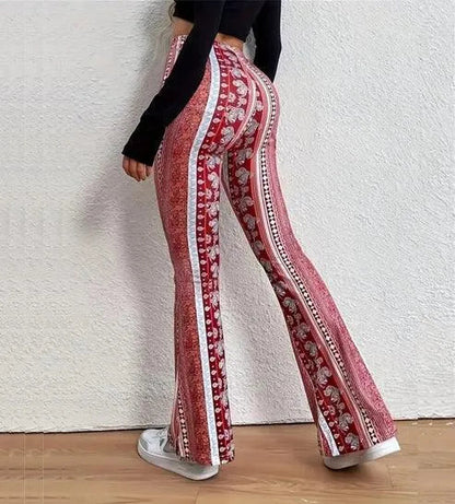 Women's High-Waisted Flared Trousers - Stretch Fabric - Retro Boho Print - Elegant Fit