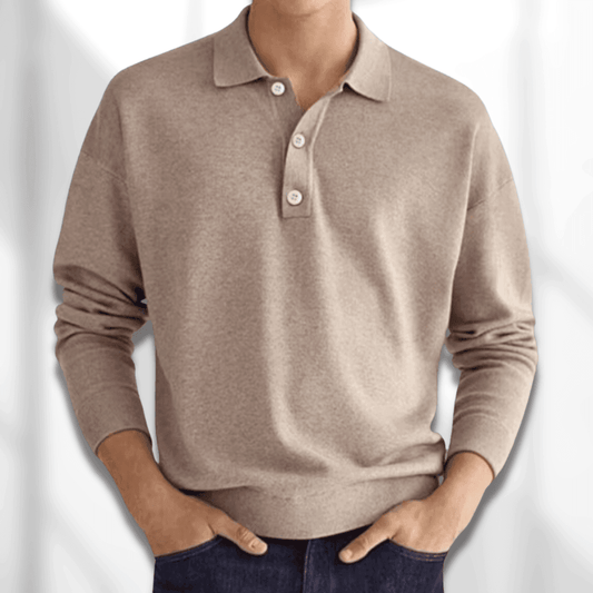 Men’s Polo Sweater - Knitted Texture - Long Sleeve - Classic 3-Button Collar