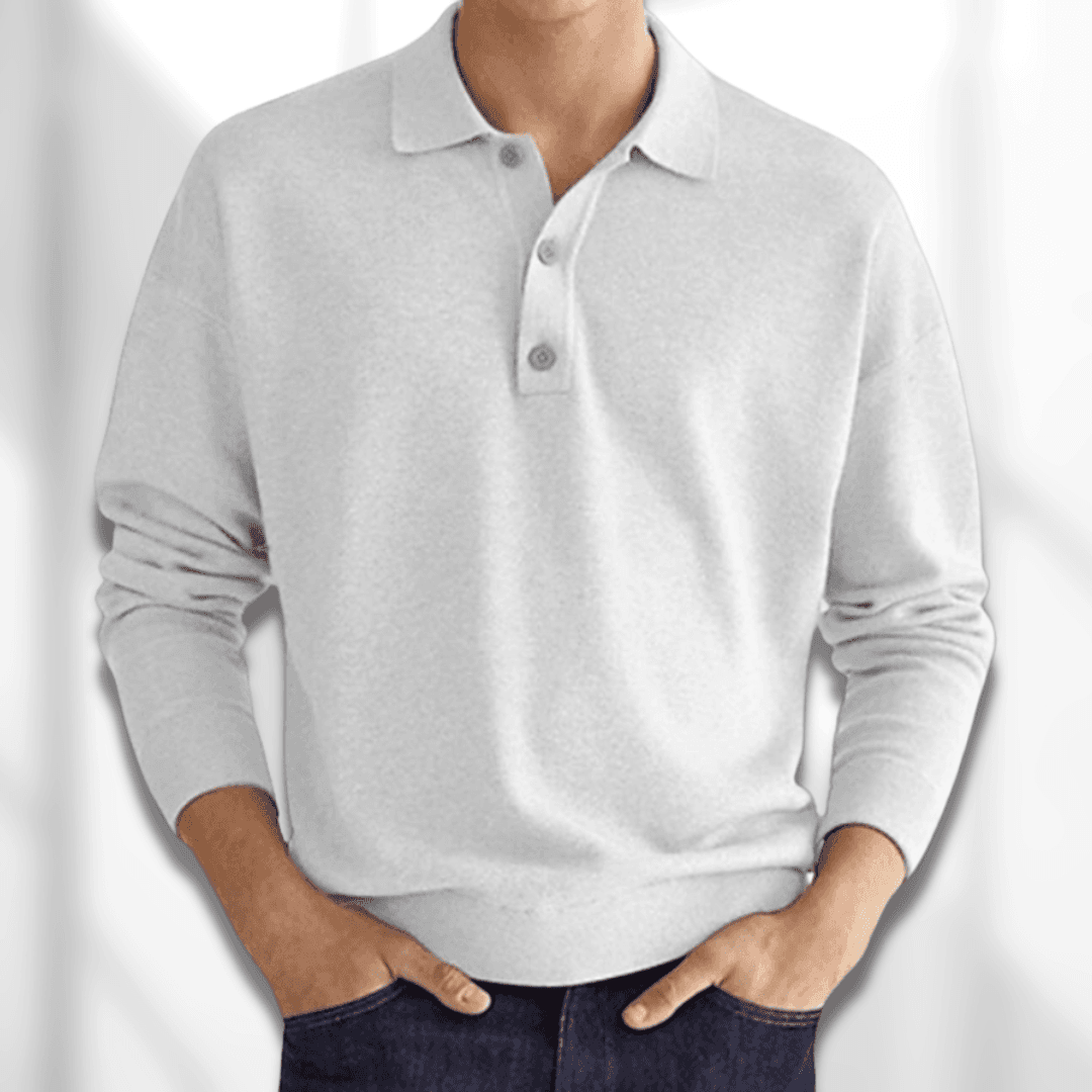 Men’s Polo Sweater - Knitted Texture - Long Sleeve - Classic 3-Button Collar