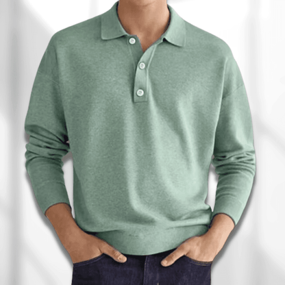 Men’s Polo Sweater - Knitted Texture - Long Sleeve - Classic 3-Button Collar