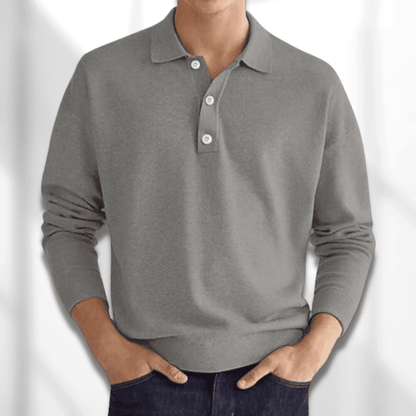 Men’s Polo Sweater - Knitted Texture - Long Sleeve - Classic 3-Button Collar