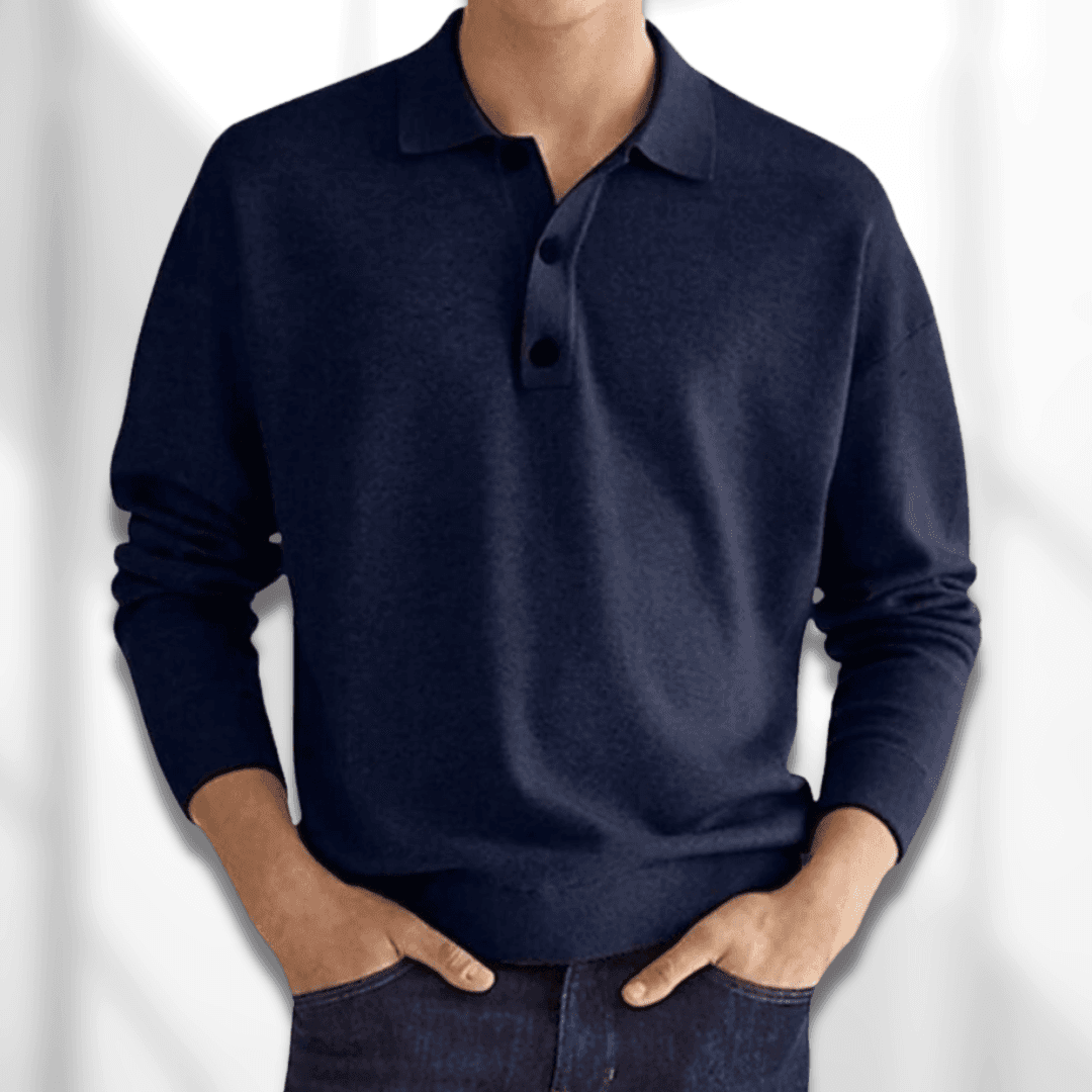 Men’s Polo Sweater - Knitted Texture - Long Sleeve - Classic 3-Button Collar