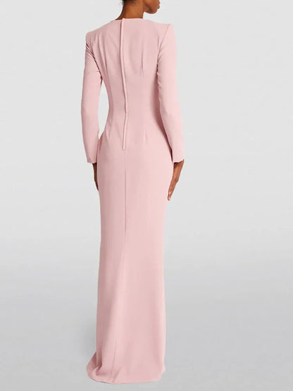 Women's Evening Gown - Long Sleeve - High Neck - Wrap Style - Floor-Length Slit