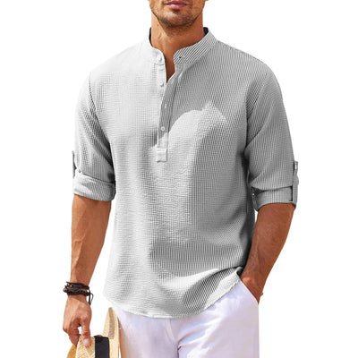 Men’s Casual Shirt – Relaxed Fit – Breathable Blend – Mandarin Collar – Roll-Up Sleeves