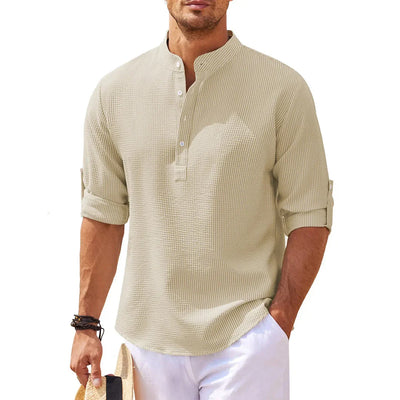 Men’s Casual Shirt – Relaxed Fit – Breathable Blend – Mandarin Collar – Roll-Up Sleeves