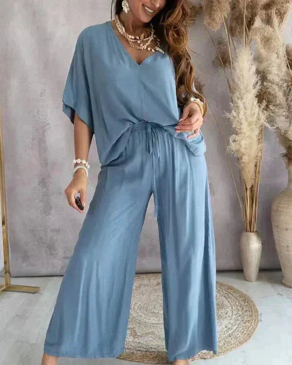 Women's Two-Piece Loungewear Cotton Set - Loose Fit V-Neck Top & Wide-Leg High-Waist Pants