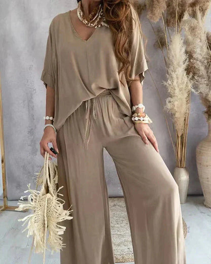 Women's Two-Piece Loungewear Cotton Set - Loose Fit V-Neck Top & Wide-Leg High-Waist Pants