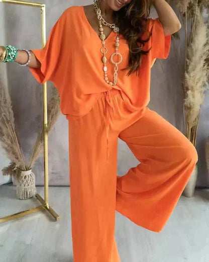 Women's Two-Piece Loungewear Set - Loose Fit V-Neck Top & Wide-Leg High-Waist Pants