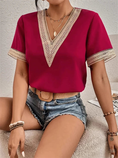 Women's Elegant Lace Short Sleeve V-Neck Blouse