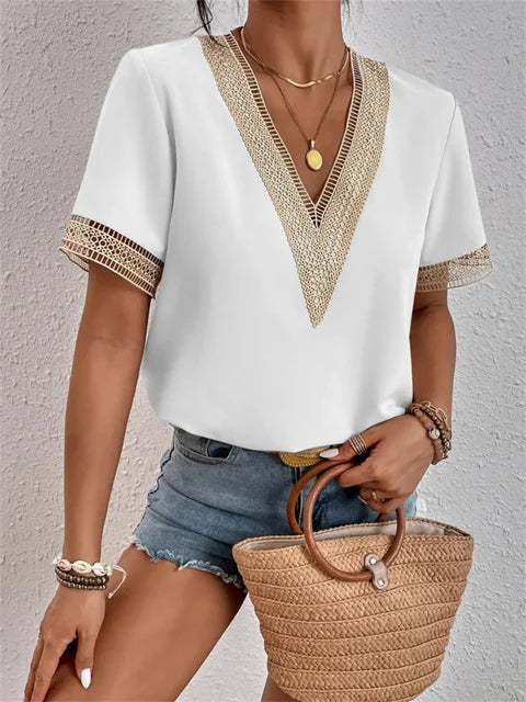 Women's Elegant Lace Short Sleeve V-Neck Blouse