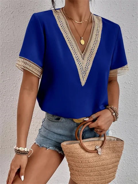 Women's Elegant Lace Short Sleeve V-Neck Blouse