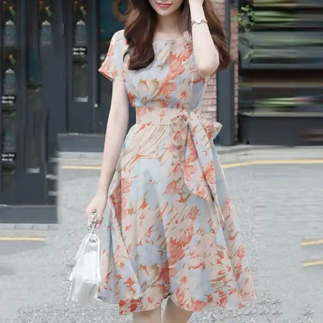 Women's Fit-and-Flare Dress - Lightweight Fabric - Short Sleeve - Round Neck - Waist Tie