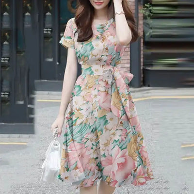 Women's Fit-and-Flare Dress - Lightweight Fabric - Short Sleeve - Round Neck - Waist Tie