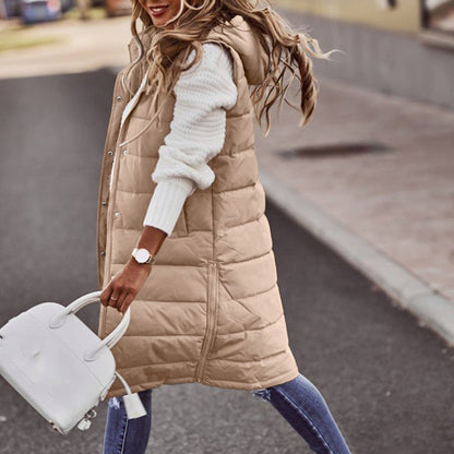 Women’s Long Bodywarmer – Oversized Fit – Quilted Padded – Hooded Pull-On Style