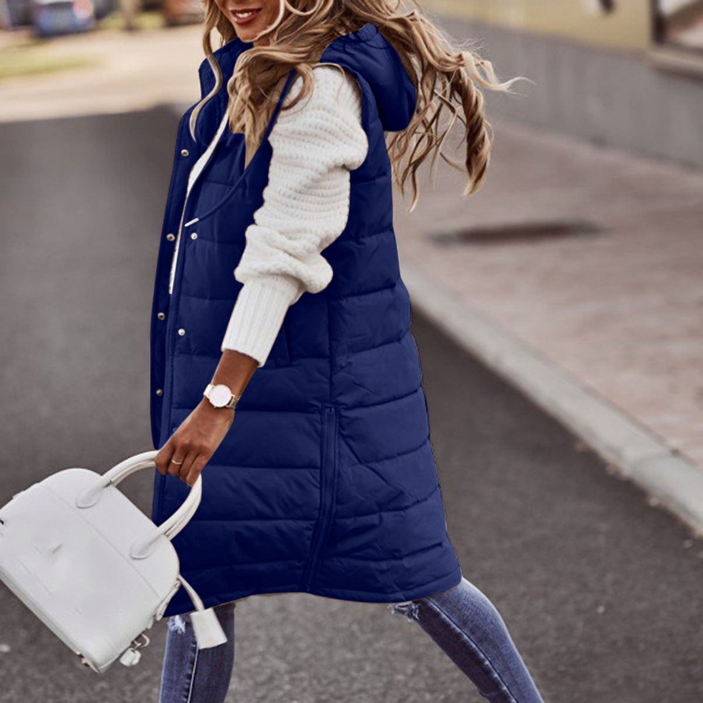 Women’s Long Bodywarmer – Oversized Fit – Quilted Padded – Hooded Pull-On Style