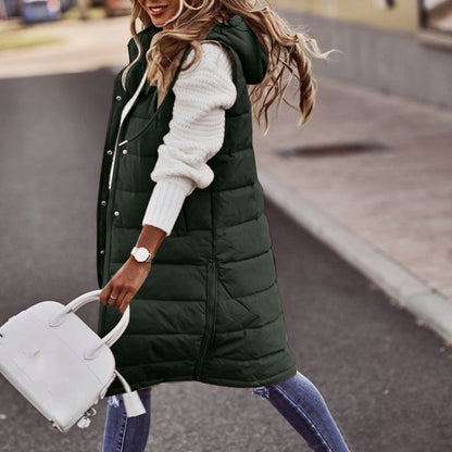 Women’s Long Bodywarmer – Oversized Fit – Quilted Padded – Hooded Pull-On Style