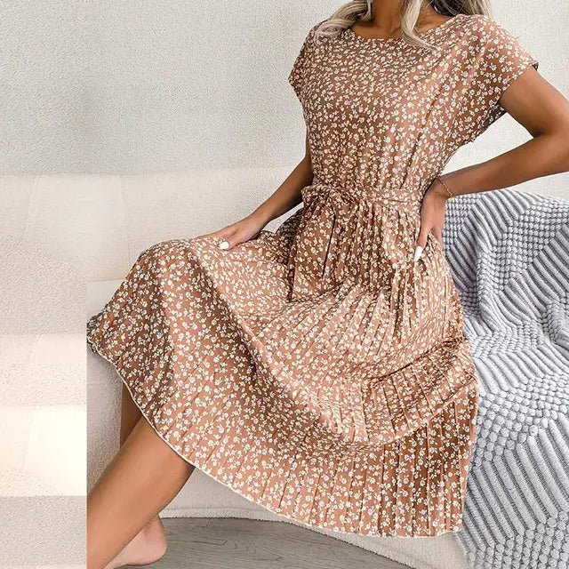 Women’s Midi Dress - A-Line Pleated Skirt - Short Sleeve - Tie Waist Flowy Fit