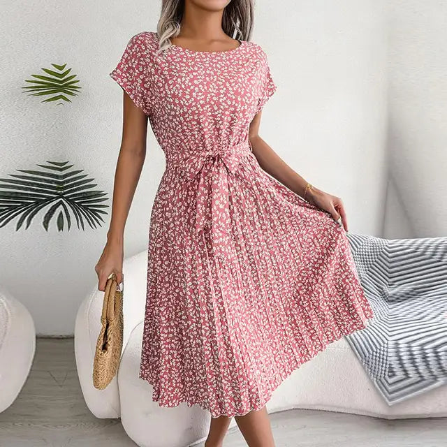 Women’s Midi Dress - A-Line Pleated Skirt - Short Sleeve - Tie Waist Flowy Fit