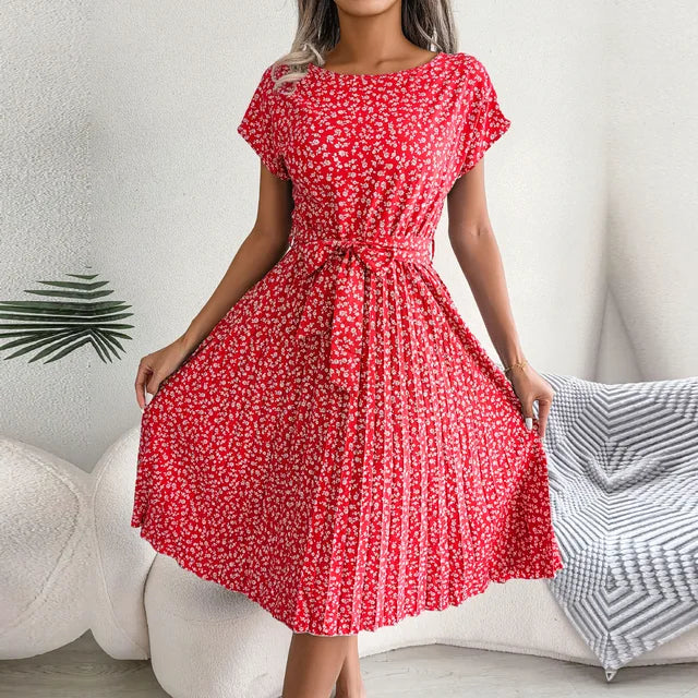 Women’s Midi Dress - A-Line Pleated Skirt - Short Sleeve - Tie Waist Flowy Fit
