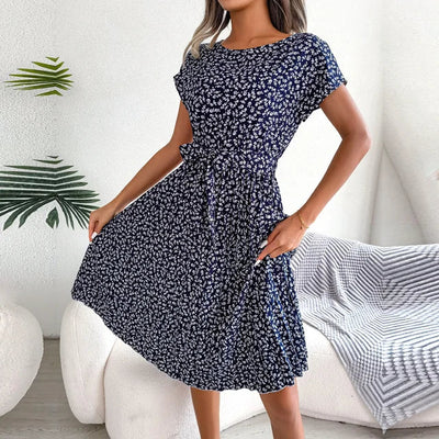 Women’s Midi Dress - A-Line Pleated Skirt - Short Sleeve - Tie Waist Flowy Fit