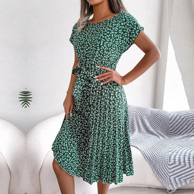 Women’s Midi Dress - A-Line Pleated Skirt - Short Sleeve - Tie Waist Flowy Fit