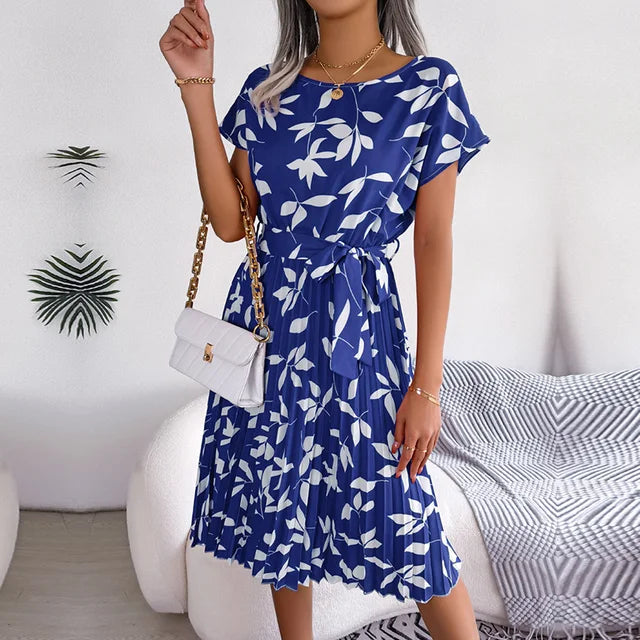Women’s Midi Dress - A-Line Pleated Skirt - Short Sleeve - Tie Waist Flowy Fit