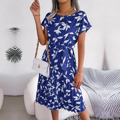 Women’s Midi Dress - A-Line Pleated Skirt - Short Sleeve - Tie Waist Flowy Fit