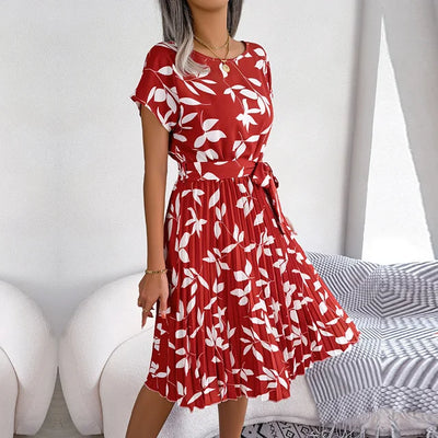 Women’s Midi Dress - A-Line Pleated Skirt - Short Sleeve - Tie Waist Flowy Fit