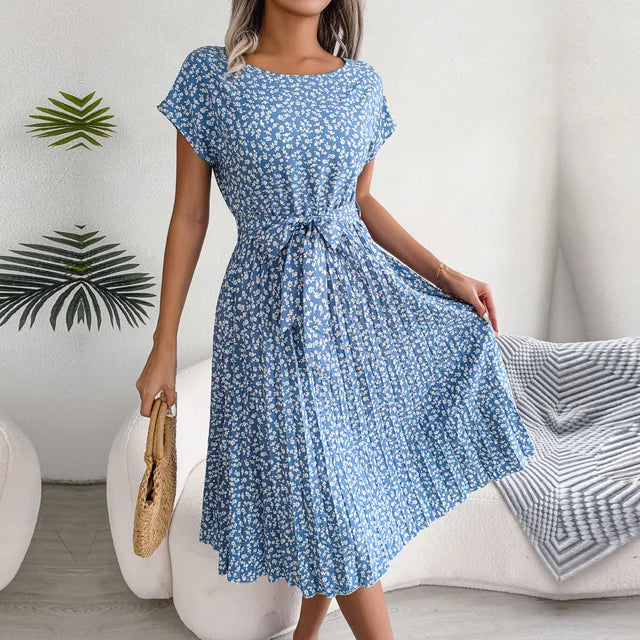 Women’s Midi Dress - A-Line Pleated Skirt - Short Sleeve - Tie Waist Flowy Fit