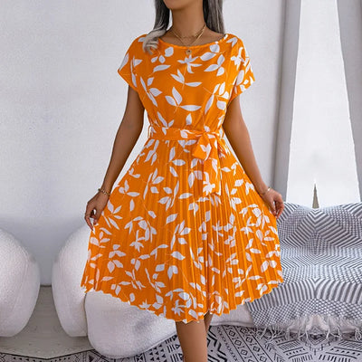 Women’s Midi Dress - A-Line Pleated Skirt - Short Sleeve - Tie Waist Flowy Fit