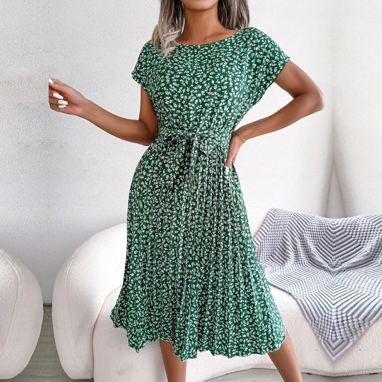 Women’s Midi Dress - A-Line Pleated Skirt - Short Sleeve - Tie Waist Flowy Fit